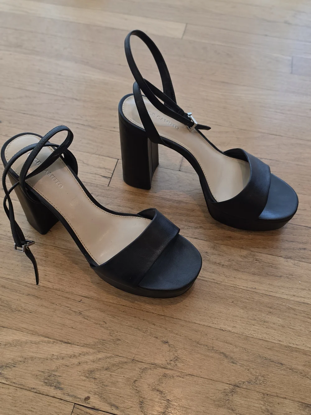Vince Camuto Black Leather Pendry Platform Sandal Open-Strap Ankle Tie Heels